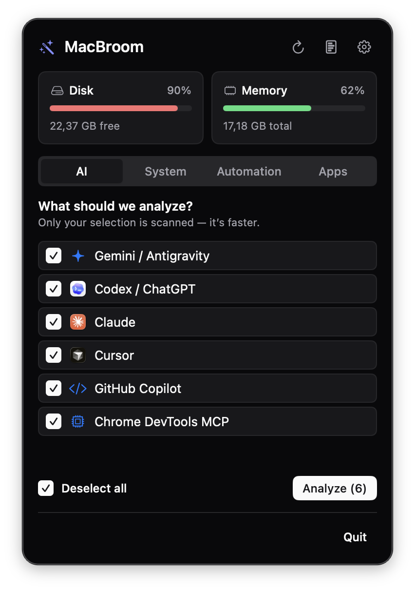 MacBroom panel listing Gemini, Codex, Claude, Cursor, GitHub Copilot and Chrome DevTools MCP, ready to analyze
