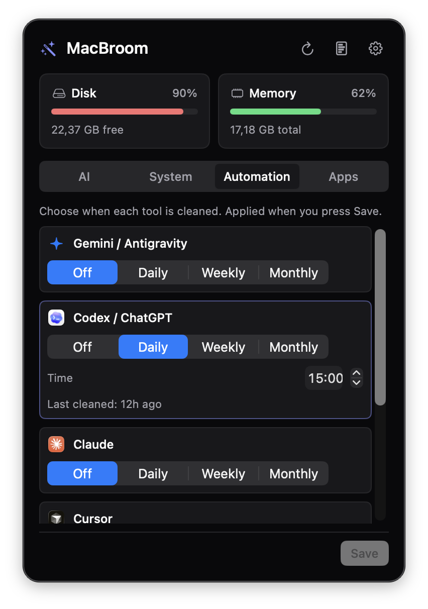 Automation tab with per tool cleaning schedules