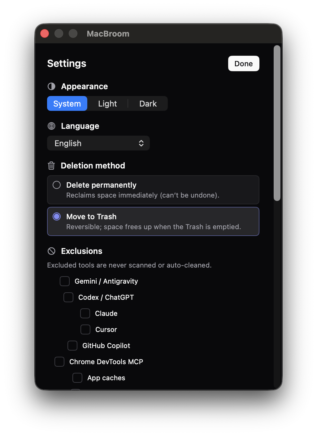 Settings window with appearance, language, deletion policy and protected paths