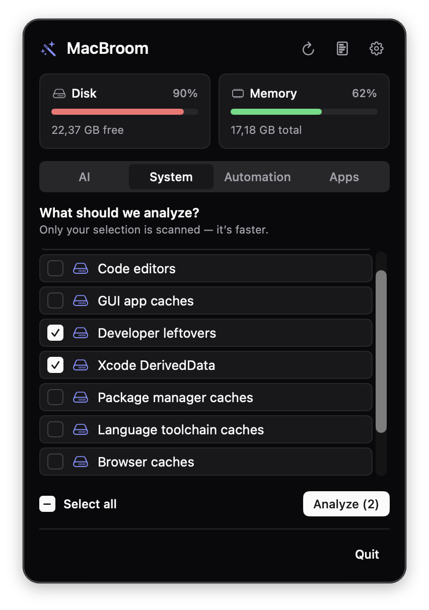 MacBroom panel listing system and developer caches such as Xcode DerivedData and package manager caches